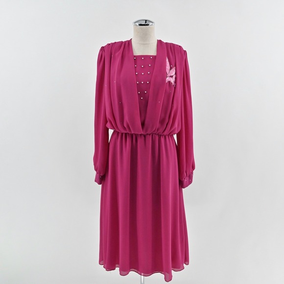 Vintage Dresses & Skirts - Vintage‎ 70s 80s Blouson Evening Midi Dress Sz 10 Pink Beaded Sequin Puff Sleeve